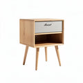 Wooden nightstand with one drawer and open shelf in natural finish