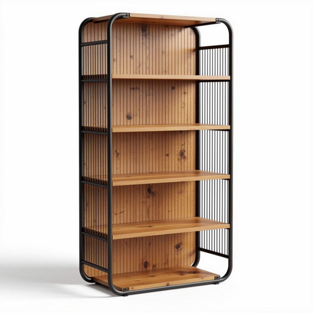Wooden bookshelf with metal frame and open storage design 80 x 30 x 180cm